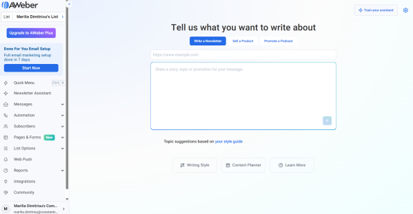 A screenshot of AWeber's AI writing assistant, which yiu can train with your specific business details.