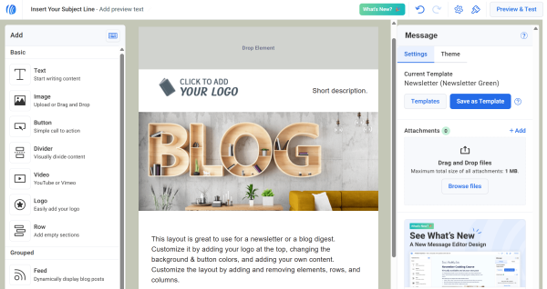 This is an image of AWeber's builder displaying a blog newsletter template with drag-and-drop elements for text, images, buttons, video, and dynamic content.