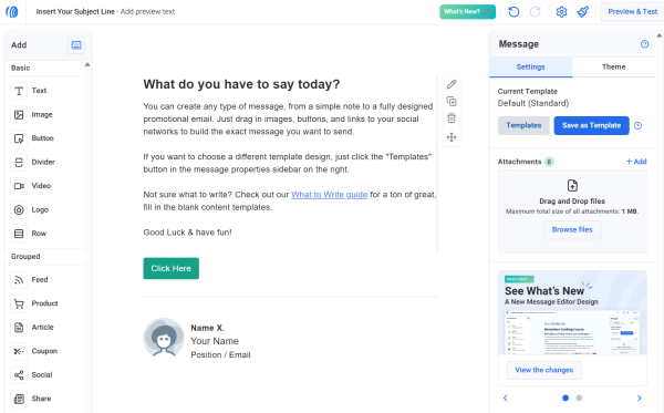 AWeber&rsquo;s broadcast editor lets you build mass emails by adding and arranging content blocks, with templates available to get you started quickly. 