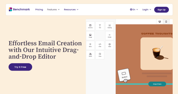 Benchmark Email&rsquo;s editor page shows its drag-and-drop builder, with content blocks for text, images, buttons, video, social links, and more. 