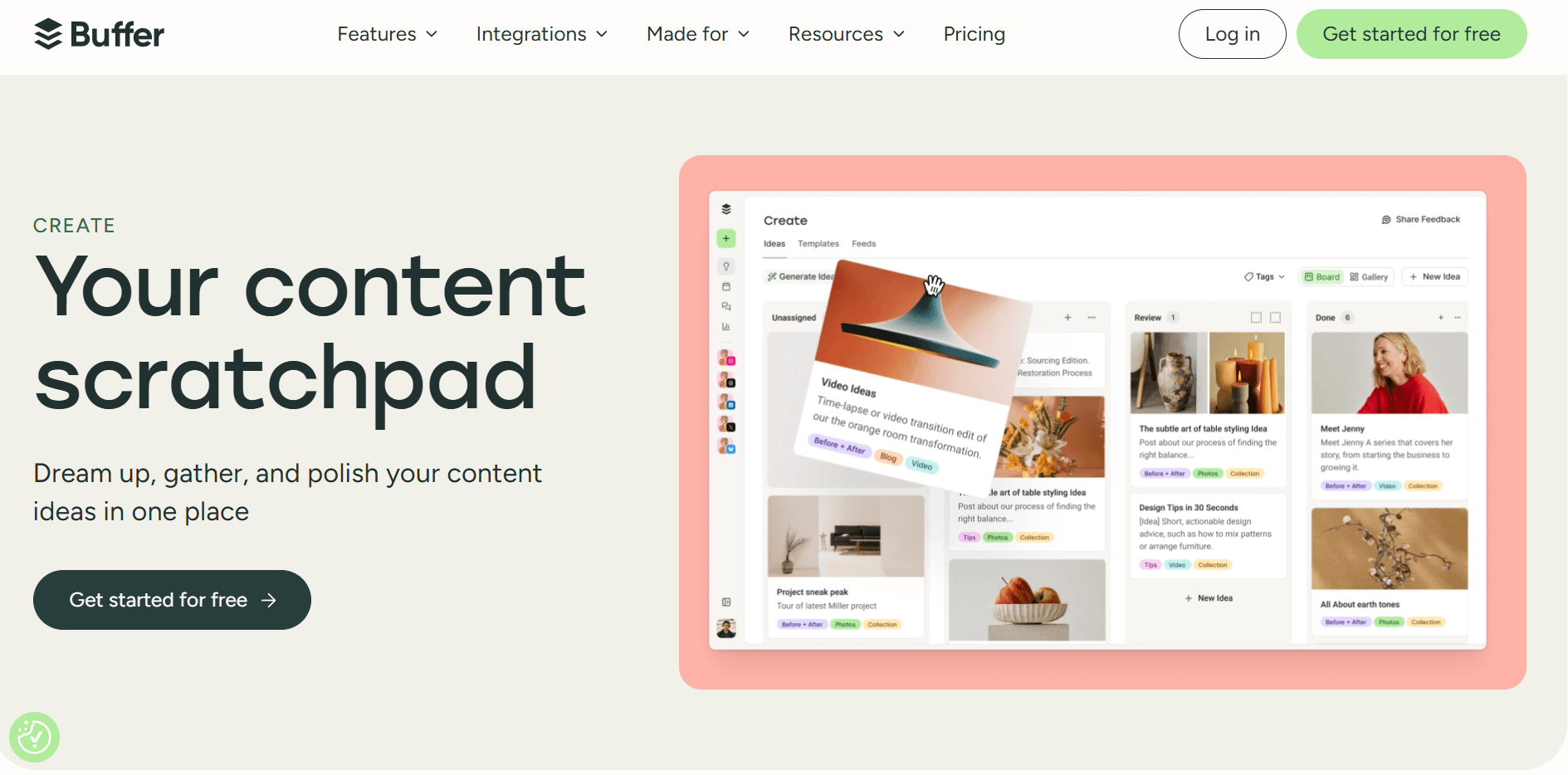 A screenshot of Buffer's homepage featuring a call-to-action button to start for free and a preview of the content creation board