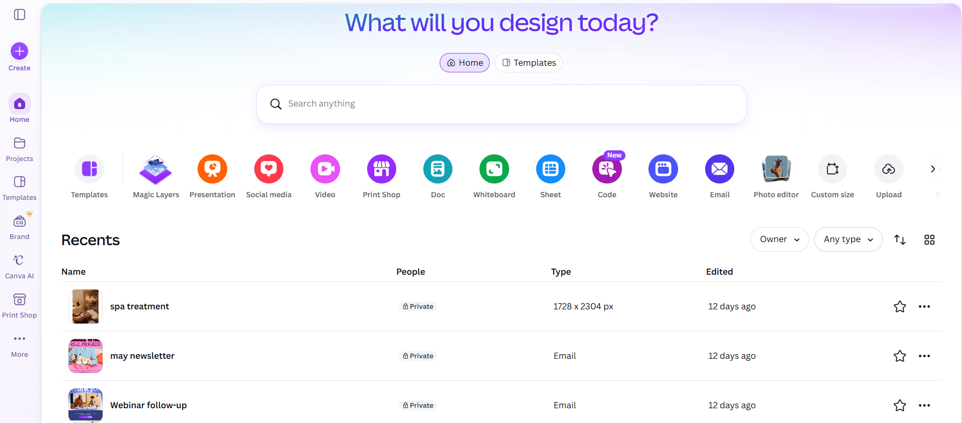 A screenshot of Canva's home dashboard displaying design categories, a search bar, and a list of recent projects