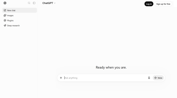 Image of ChatGPT&rsquo;s interface giving users access to AI chat, along with tools for image creation, deep research, plugins, and voice conversations. 