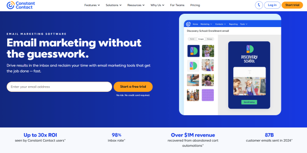 An image of Constant Contact&rsquo;s email marketing page featuring ROI, inbox rate, revenue, and customer emails sent. 
