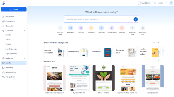 Constant Contact offers newsletter templates for different industries and occasions, with the option to start from scratch or search for a specific design.