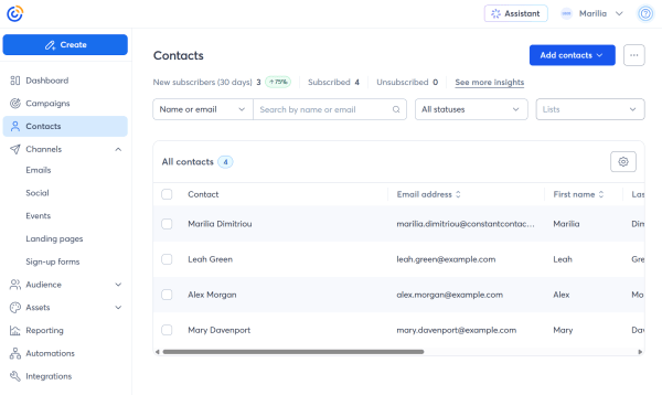 An image showing how Constant Contact keeps imported contacts in one place, where you can organize, filter, and manage your audience before a mass send. 