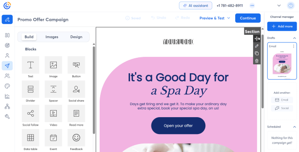 This is a screenshot from Constant Contact email editor showing a promotional spa offer campaign with drag-and-drop content blocks and campaign management options.