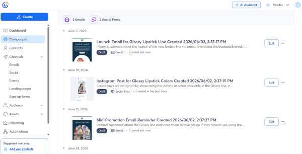 An image showing Constant Contact&rsquo;s multichannel campaign tool that lets you create email and social media content for a product launch. 
