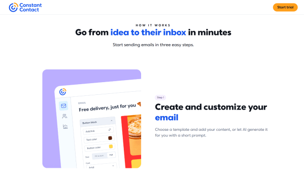 Constant Contact&rsquo;s Starter Email page walks through creating and customizing an email using templates or AI-generated content. 