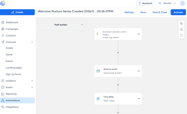 A welcome email workflow in Constant Contact triggered by a form submission, with an email and timed delay.