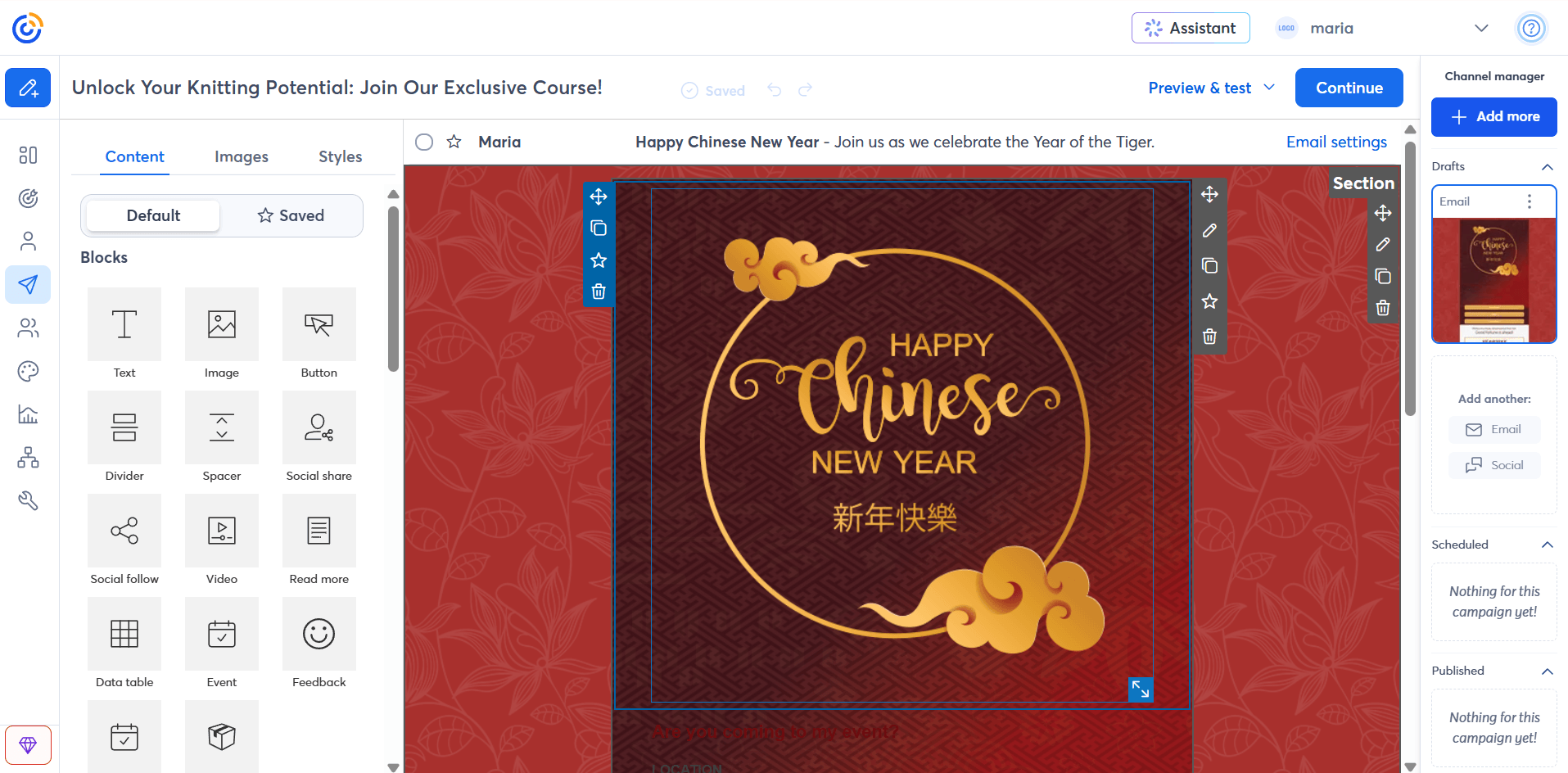 A screenshot of Constant Contact's email editor with a pre-made template and customization blocks along with a campaign management panel