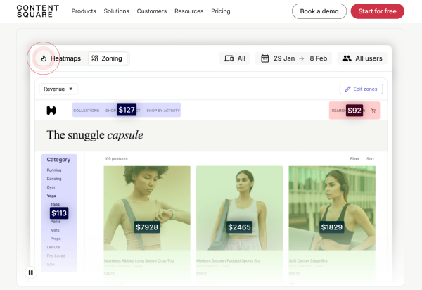 Contentsquare&rsquo;s Heatmaps show how users interact with page elements and connect those interactions to outcomes such as revenue and conversions. I