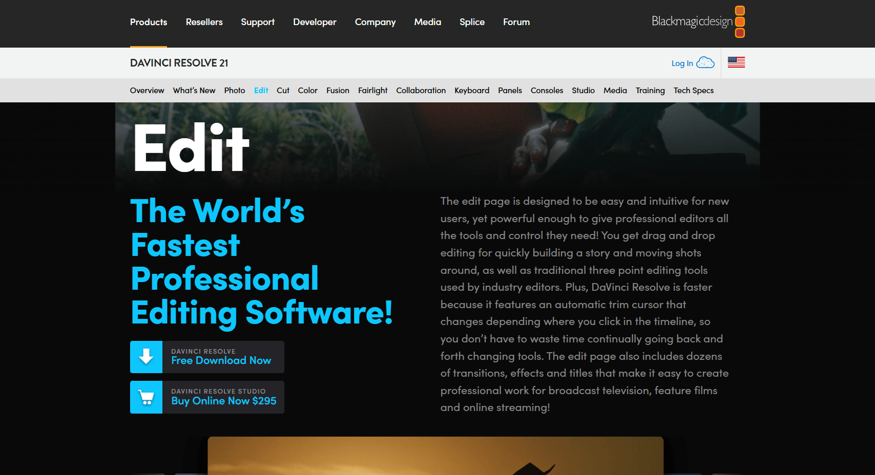 A screenshot of the DaVinci Resolve website's Edit page with a description of the software and buttons to download for free or purchase the studio version