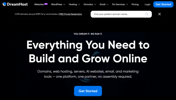 This is a screenshot from DreamHost's website offering domains, web hosting, email, and website-building tools.
