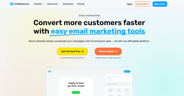 GetResponse&rsquo;s email marketing page promotes its campaign-building tools alongside a 14-day trial of its premium features. 