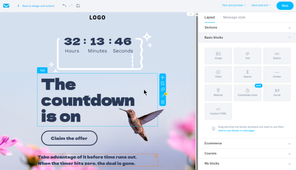 This is a screenshot from GetResponse's editor featuring basic blocks such as countdown timers, webinars, and custom HTML as well as ecommerce ones.