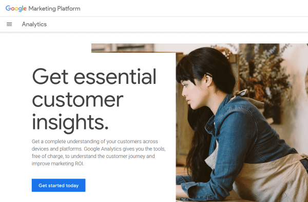 an image highlghting how Google Analytics helps businesses understand customer journeys across websites and apps and use those insights to improve marketing performance. 