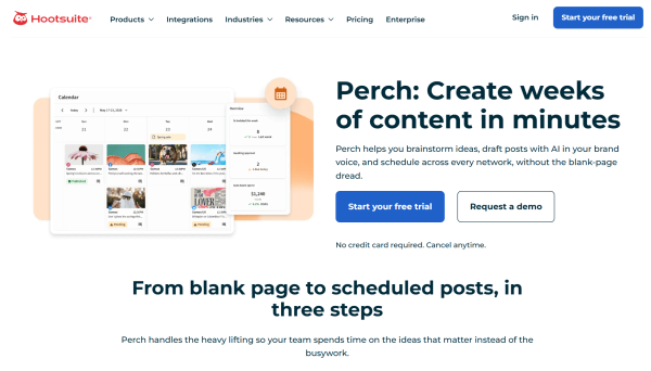 An image explaining how Hootsuite&rsquo;s Perch workspace helps teams brainstorm, create, and schedule social media content. 