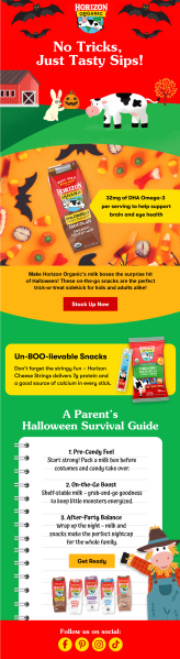 Horizon Organic uses a Halloween theme to tie together seasonal recipes, products, and family-friendly ideas. 