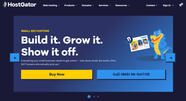 This is a screenshot from HostGator's website promoting web hosting, email, and website tools for small businesses.