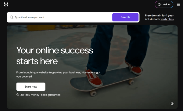This is an image from Hostinger's website offering a free domain for one year with yearly hosting plans.