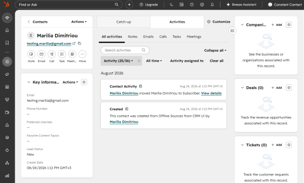 HubSpot keeps contact details and activity in a single CRM record, giving you more context to segment and personalize bulk email campaigns.