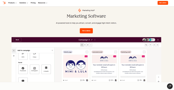 HubSpot&rsquo;s Marketing Hub brings email, automated campaigns, SMS, and social media into the same campaign workspace.