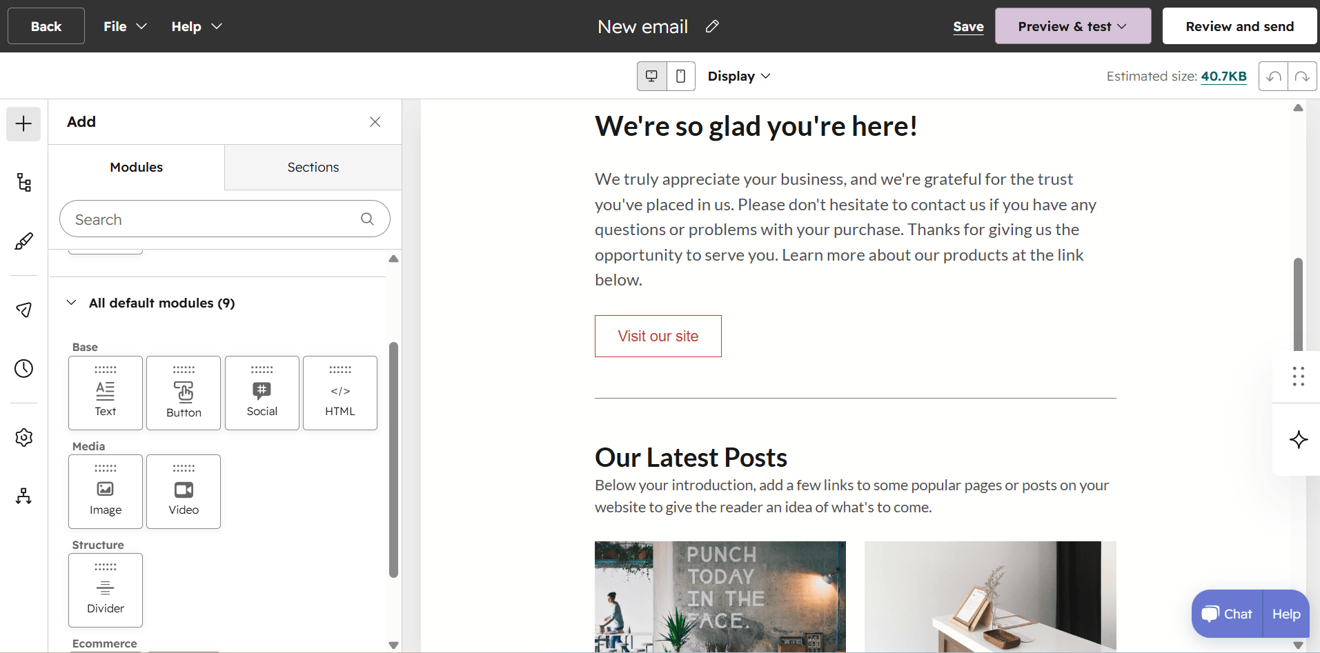 An image of HubSpot's email editor displaying a welcome email template and content modules to modify the design