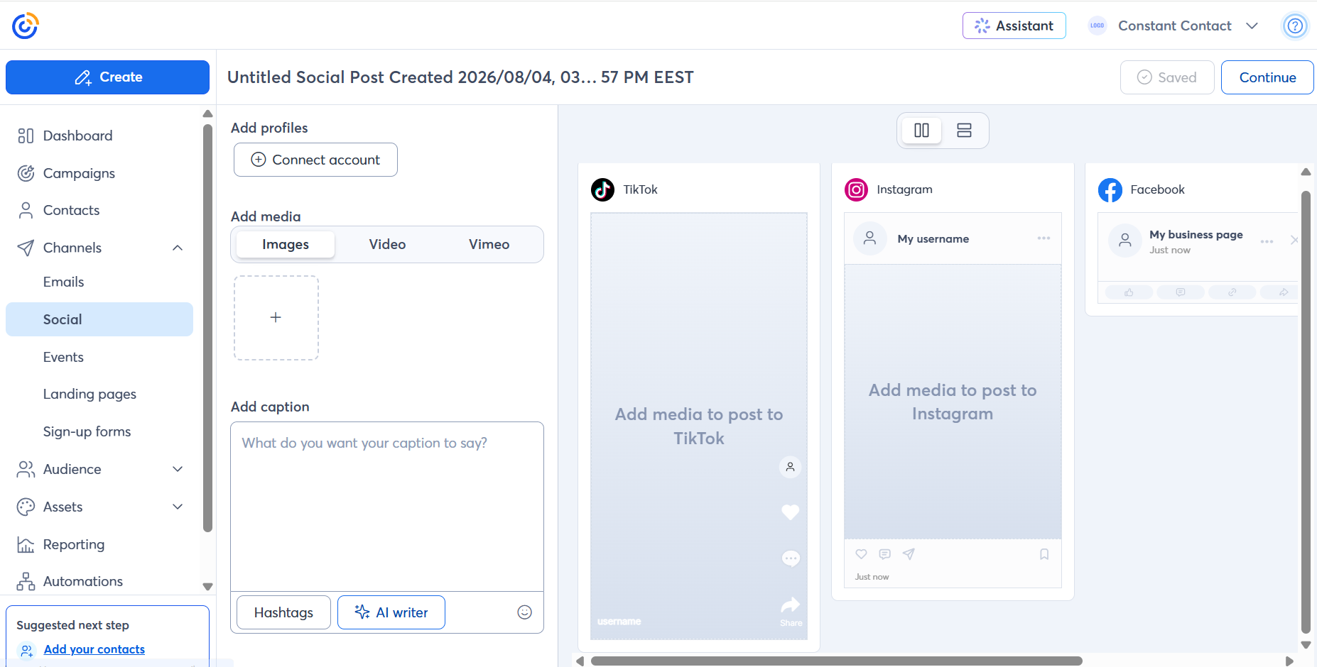 Screenshot of Constant Contact's social dashboard with account and post creation options, plus AI assistants. More channels and settings appear in the left-side menu.