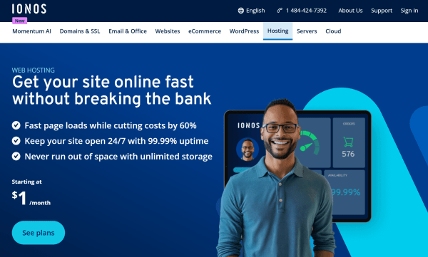 This is an image from IONOS' website promoting affordable web hosting with 99.99% uptime and unlimited storage.