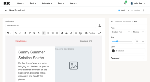 This is an image from Kit email editor showing a summer newsletter broadcast with text and image blocks alongside font and formatting controls.