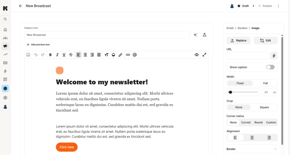 Kit&rsquo;s email editor keeps newsletter creation simple, with tools for formatting text, adding images, and customizing content. 
