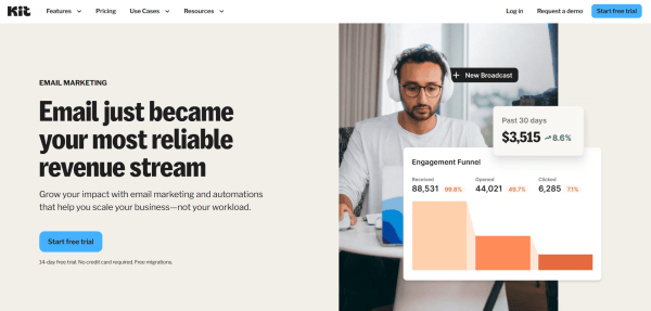 Kit&rsquo;s email marketing page highlights its automation and engagement tools to grow and monetize an audience. 