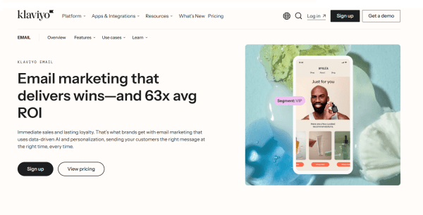 Klaviyo&rsquo;s email marketing page shows its AI subject line assistant generating ideas from a simple prompt. 