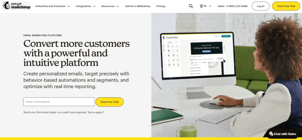 Mailchimp&rsquo;s email marketing page presents its email builder alongside tools for personalization, behavior-based automation, segmentation, and reporting.