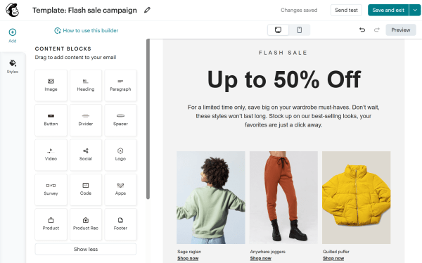 This is a screenshot from Mailchimp's email campaign builder featuring a flash sale email with product recommendations, customizable content blocks, and desktop and mobile preview options.