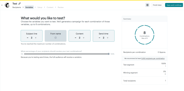 An image showing Mailchimp's multivariate testing features, including the combinations you can make on a single campaign.