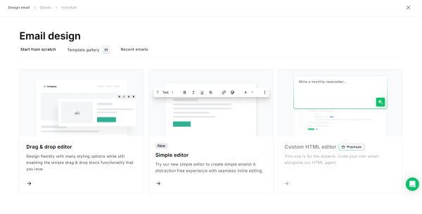 A screenshoot showing how MailerLite lets you choose between drag-and-drop, simple, and custom HTML email editors. 