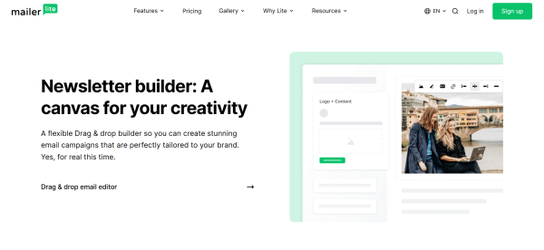 MailerLite&rsquo;s newsletter builder page shows its drag-and-drop editor for creating and customizing branded email campaigns.