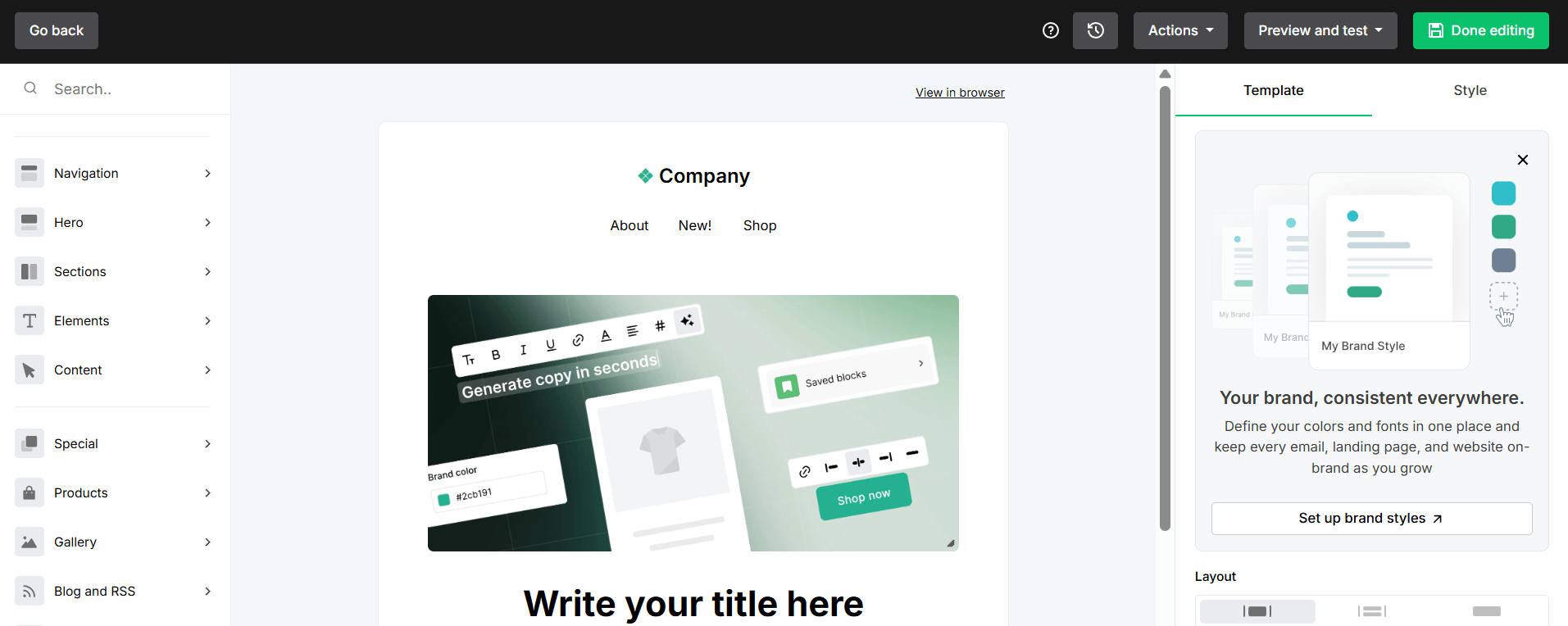 A screenshot of MailerLite's email editor with design blocks on the left and brand styling settings on the right 