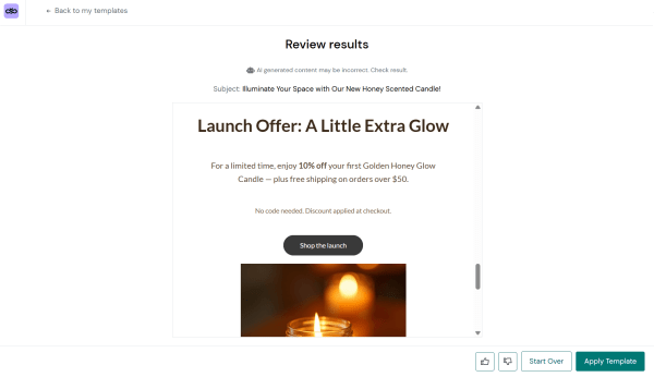 Mailjet&rsquo;s AI template generator created a complete promotional email, including the subject line, copy, layout, call to action, and imagery, from a short prompt.