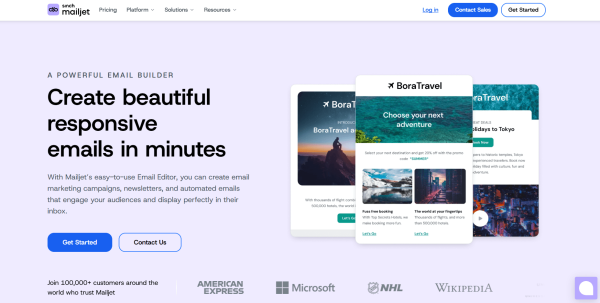Mailjet&rsquo;s email builder page shows examples of responsive email campaigns designed to display across different screen sizes. 