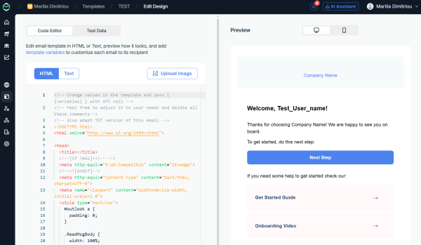 Mailtrap&rsquo;s HTML code editor lets you build emails directly in code while previewing the finished design and personalized template variables alongside it. 