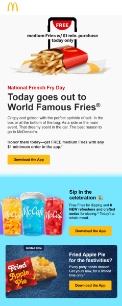 This email screenshot shows how McDonald&rsquo;s celebrates National French Fry Day with a special promotion for free fries.
