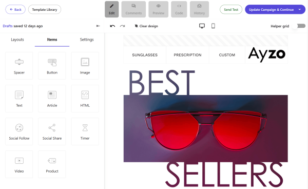 This is a screenshot from Moosend's email editor, which offers both simple and advanced items to build email campaigns.