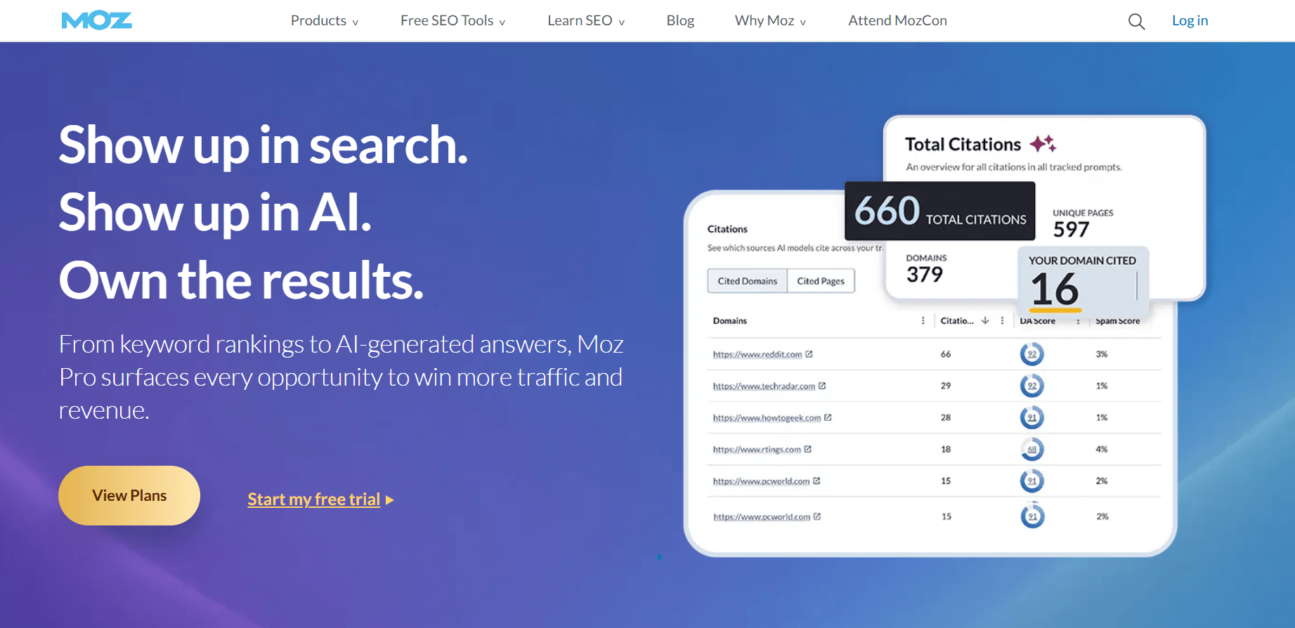 A screenshot of Moz's homepage with CTAs to view pricing plans or start a free trial and a dashboard preview of citation metrics