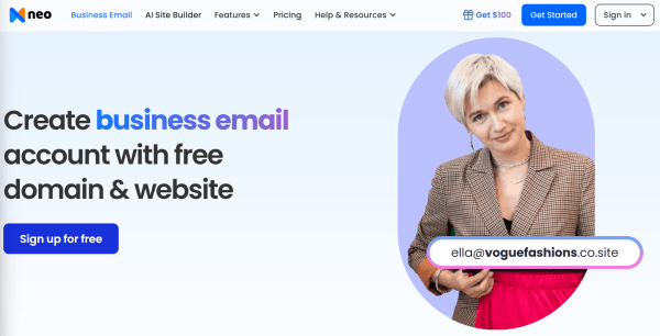 This is an image from Neo Mail, which offers a free domain and website with a business email account.