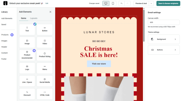 Omnisend email editor showing a Christmas sale campaign with drag-and-drop content elements, product blocks, and email design settings.