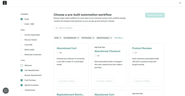 An image from Omnisend showing pre-built ecommerce automation workflows for cart abandonment, post-purchase emails, product reviews, and more. 