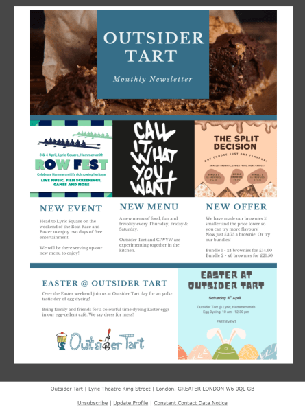 Outsider Tart&rsquo;s monthly newsletter brings together upcoming events, menu updates, and special offers in one easy-to-scan issue. 